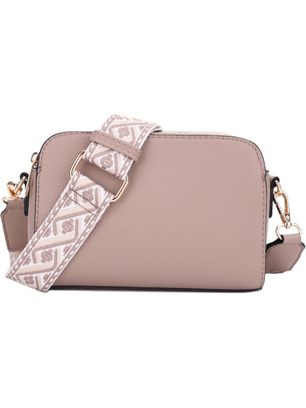Women's Taupe Trendy Triple Zip Small Crossbody Bag Purse With Guitar Strap